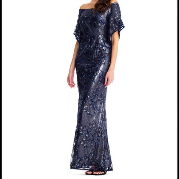 Aidan Mattox Blue Sequin Off the Shoulder Dress Gown Long 6 - Picture 1 of 15